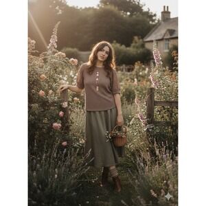 Boho Mauve Crochet Lace Sleeve Waffle Knit Blouse  1XL‎ Gorpcore Fairy Cottage